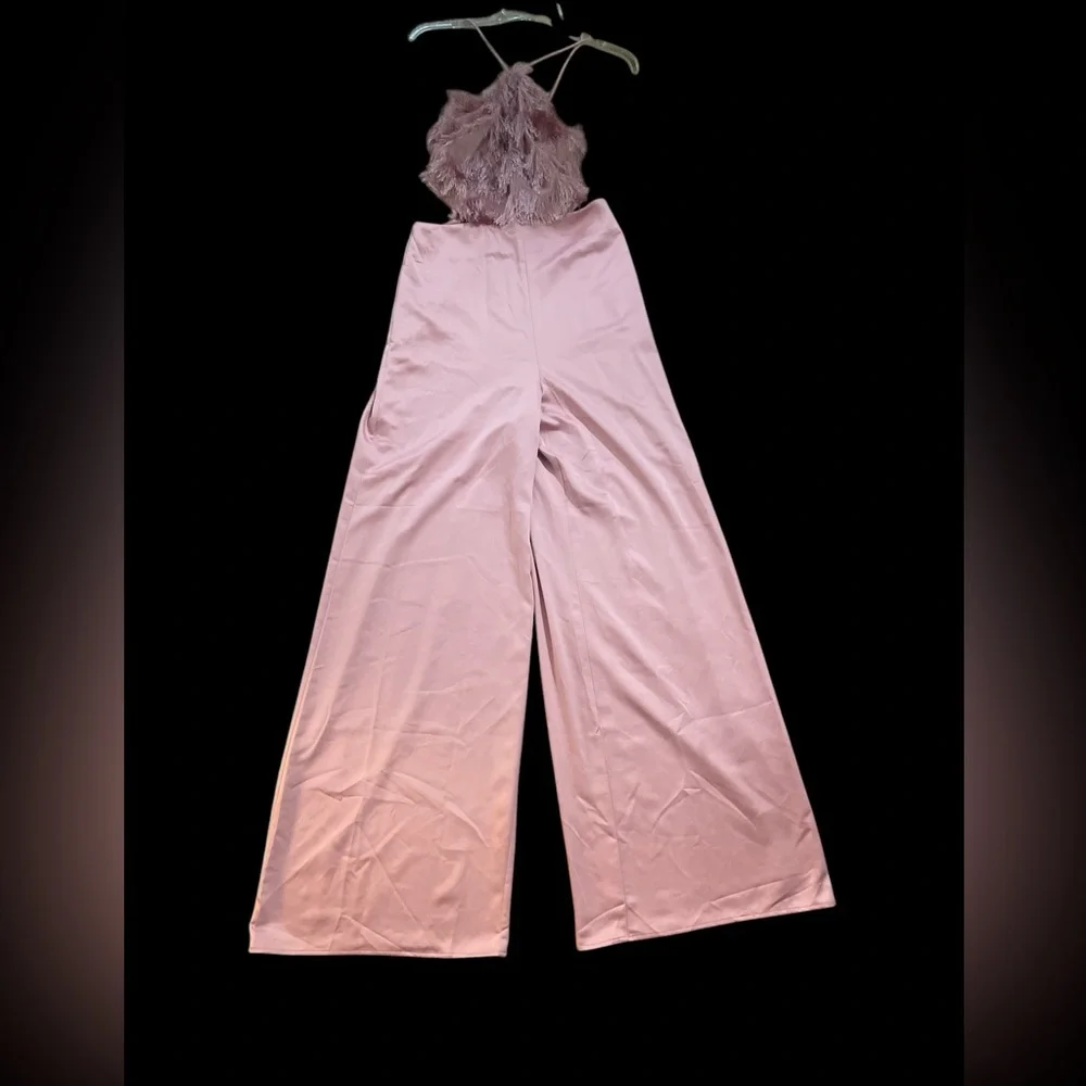 Anthropologie Hutch pink open side feathered jumpsuit, NWT 8 romper wide leg